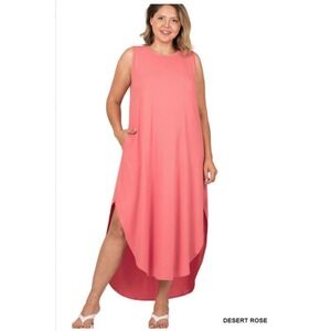 Zenana Plus‎ Size Desert Rose Sleeveless Maxi Dress High Low Hem Pockets Size 2X